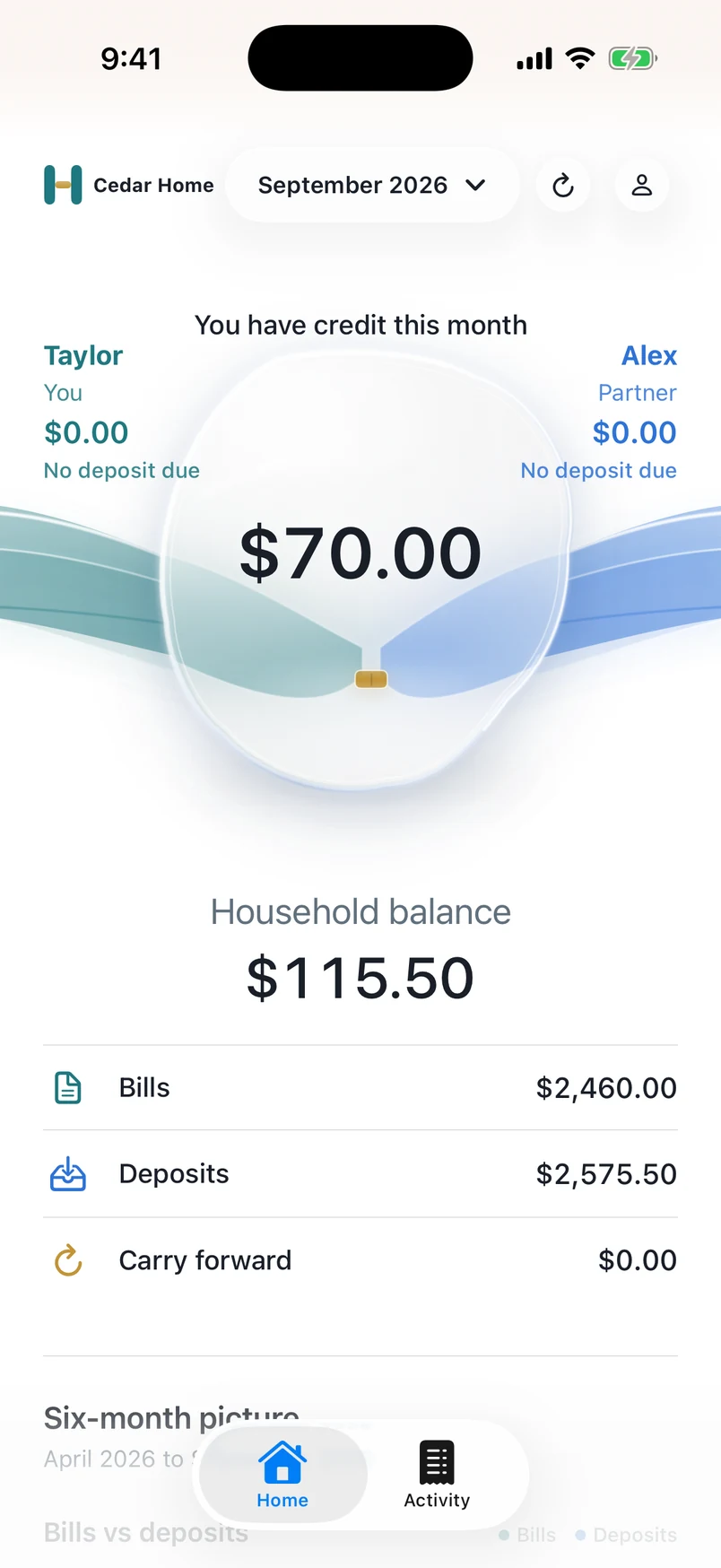 Houspensive Home: Taylor has $70 credit, both Taylor and Alex have $0 still to deposit, and the household balance is $115.50. Example household.