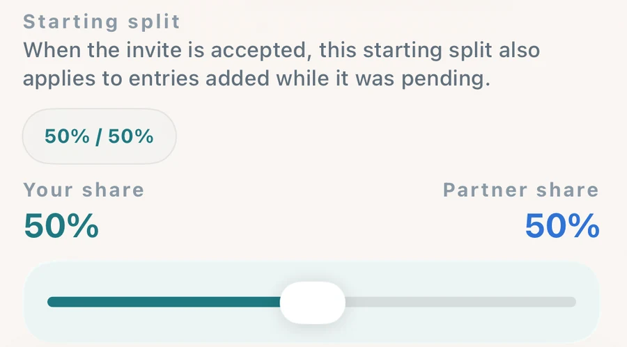 The actual Houspensive starting-split control, showing a 50 percent share for you and 50 percent for your partner.