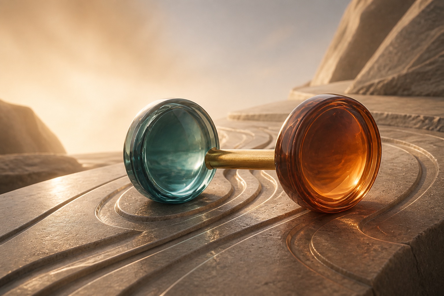 A teal glass lens and amber glass lens aligned by a short gold bridge