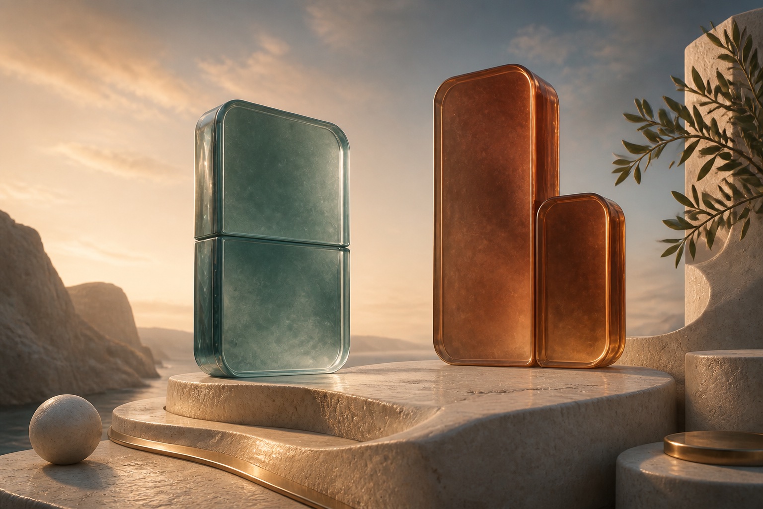 Equal teal glass blocks beside differently sized amber glass blocks