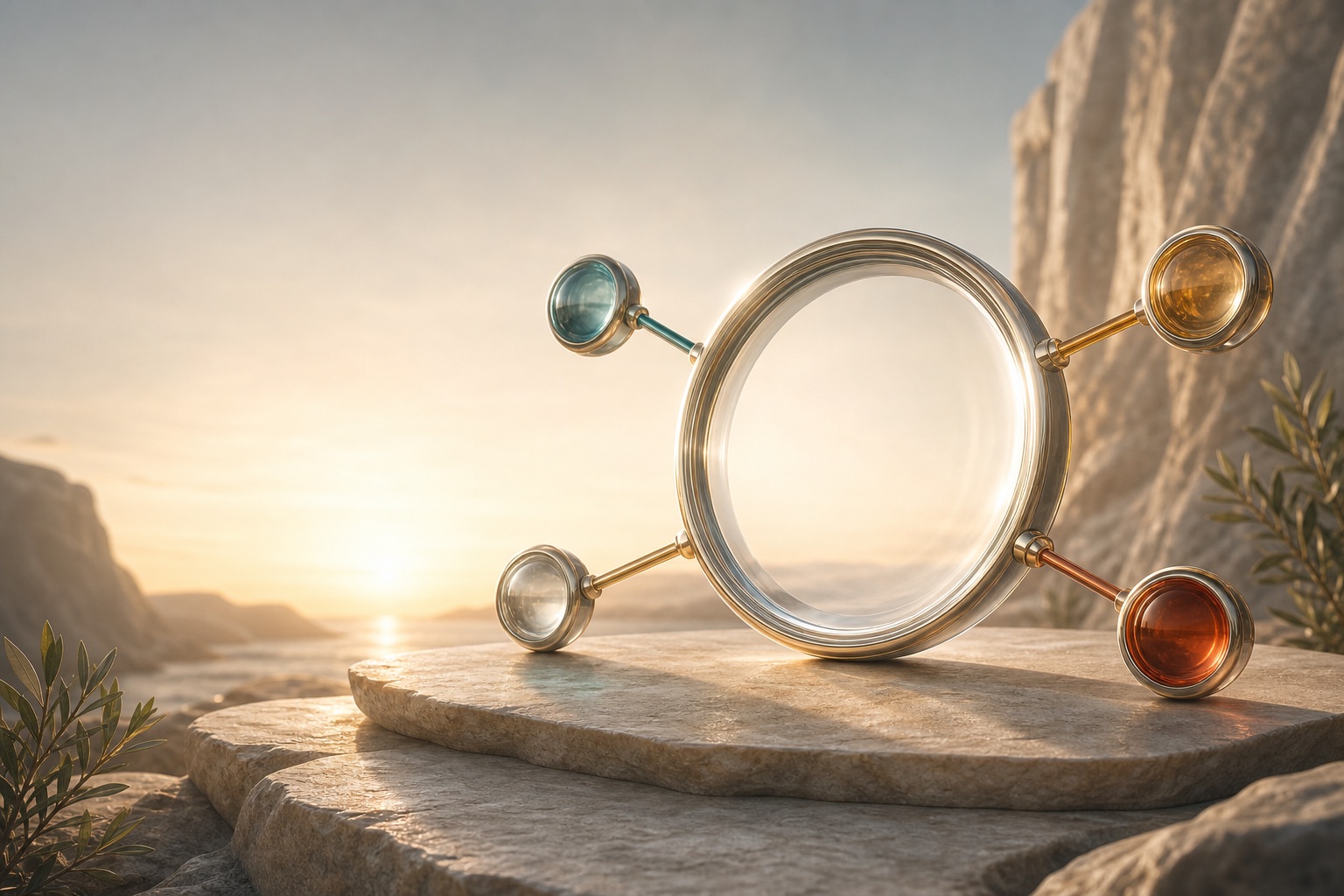 A clear central glass lens connected to four smaller teal, amber, and gold nodes