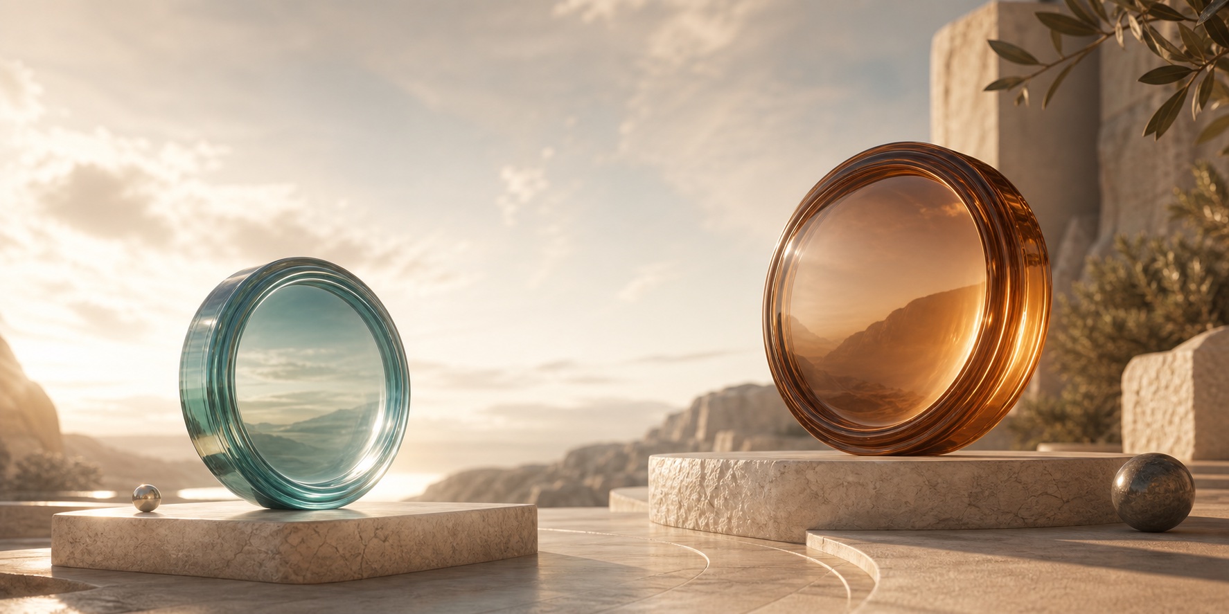 Two separate teal and amber glass lenses resting in a warm limestone landscape
