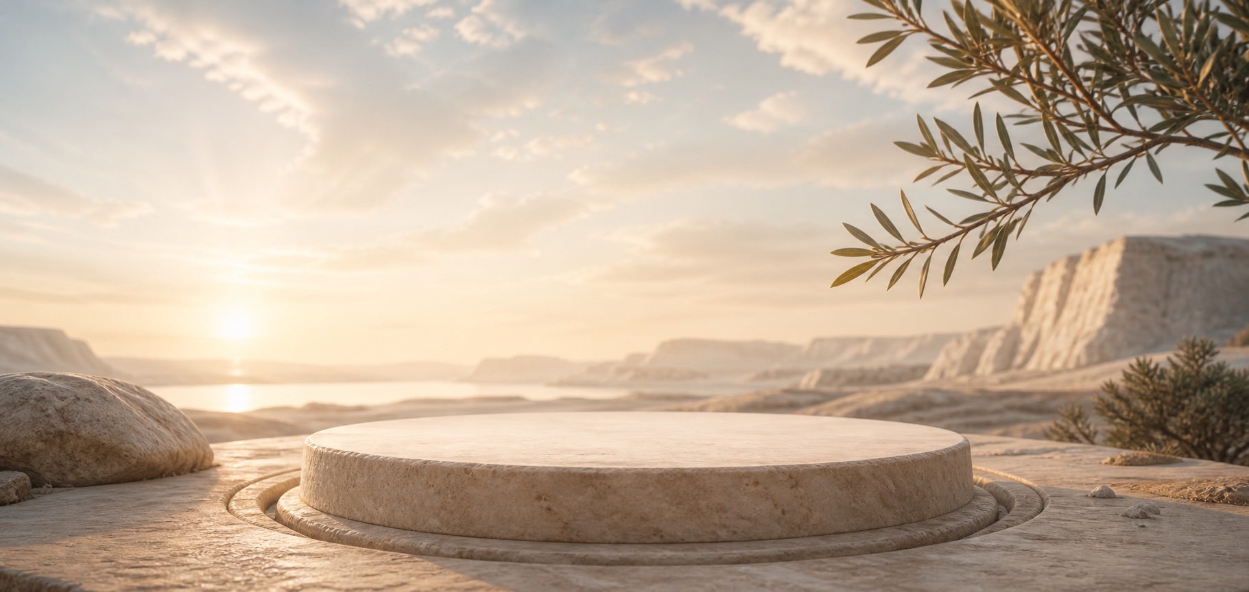 An empty circular limestone pedestal in a peaceful sunlit landscape