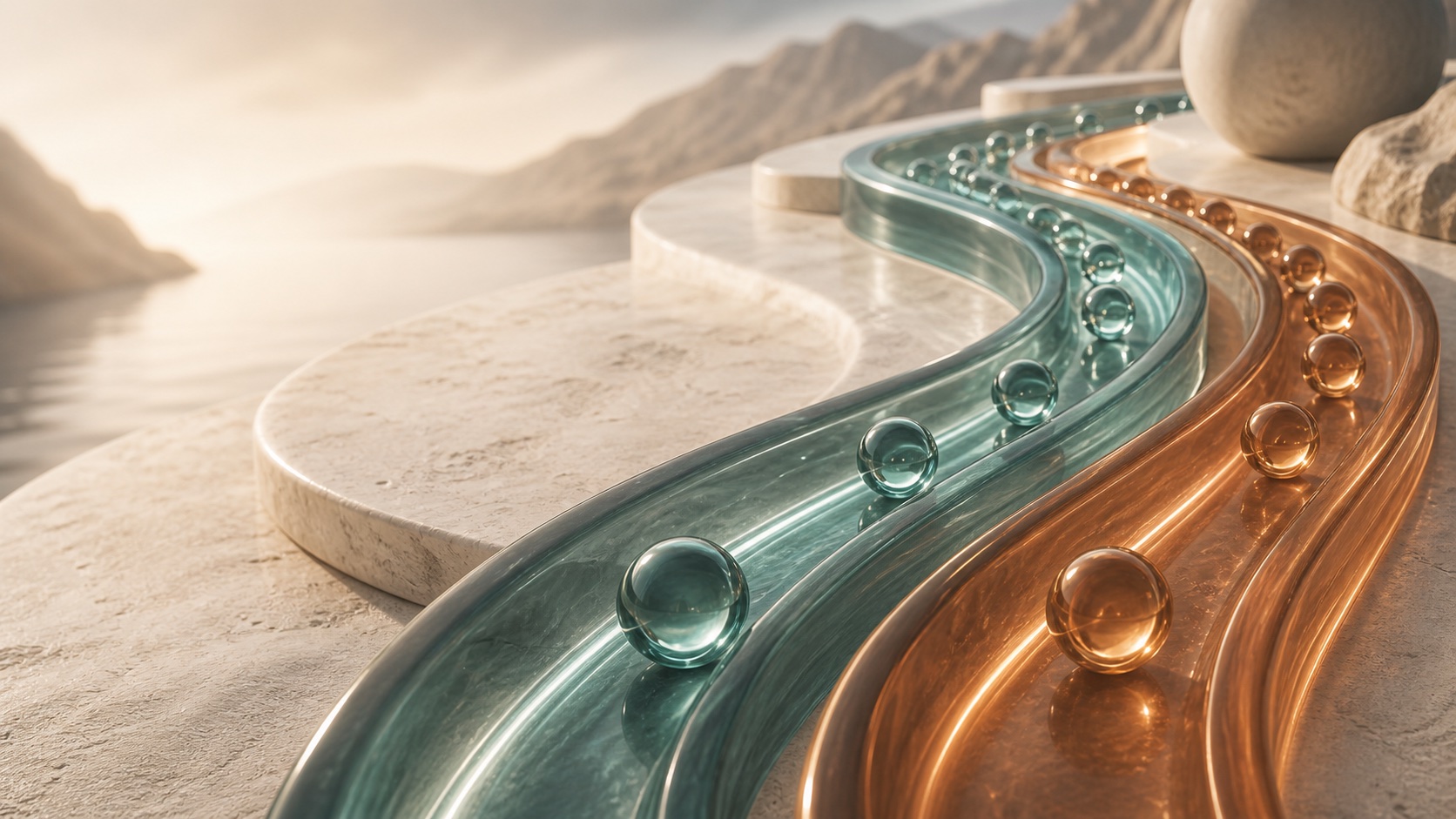 Teal and amber glass lanes carrying orderly glass beads through a limestone landscape